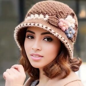 French Thicken Women's Flowers Knitted Woolen Hat, Crochet Beanie Hat